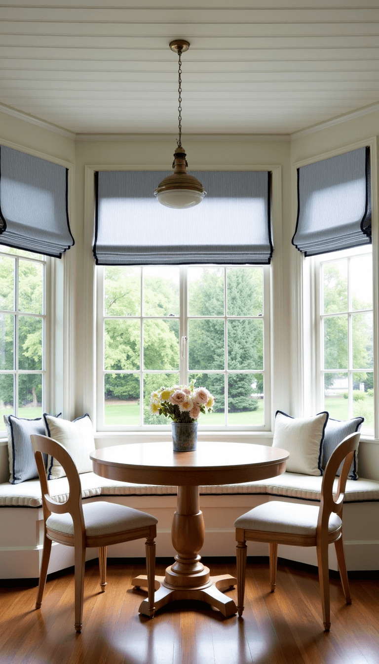 Sunlit breakfast nook with bay windows, antique oak table, linen chairs, blue striped Roman shades, cream window seat cushions, brass sconces, and white beadboard ceiling, overlooking a well-maintained garden.
