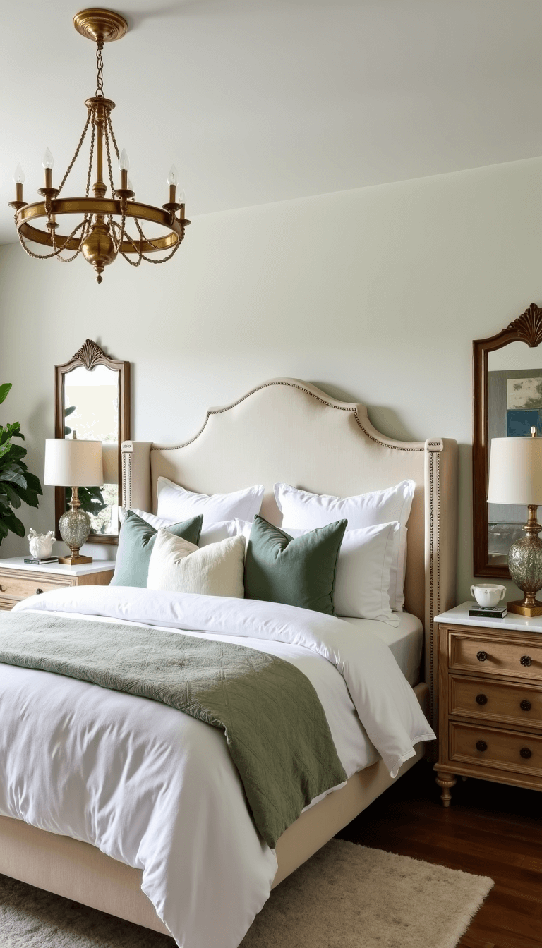 Airy, elegant primary bedroom with a brass chandelier, king bed with vanilla linen headboard, weathered oak nightstands, and a combination of white and sage green bedding with ivory faux fur throws. Antique mirror over dresser, with a bird's eye view from the corner.