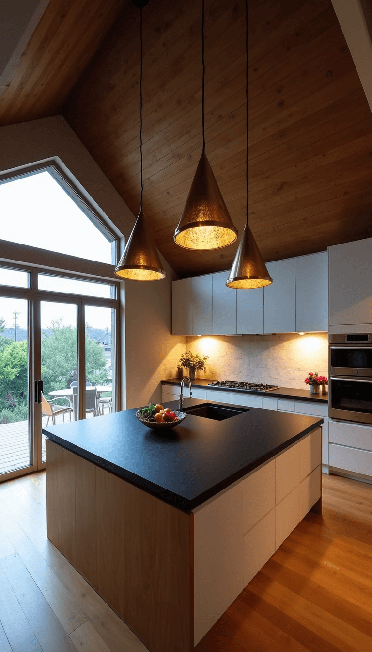 Aerial view of a large kitchen island beneath a cathedral ceiling with staggered, oversized geometric brass pendants illuminating the contrasting white oak base and matte black countertop in an evening setting.