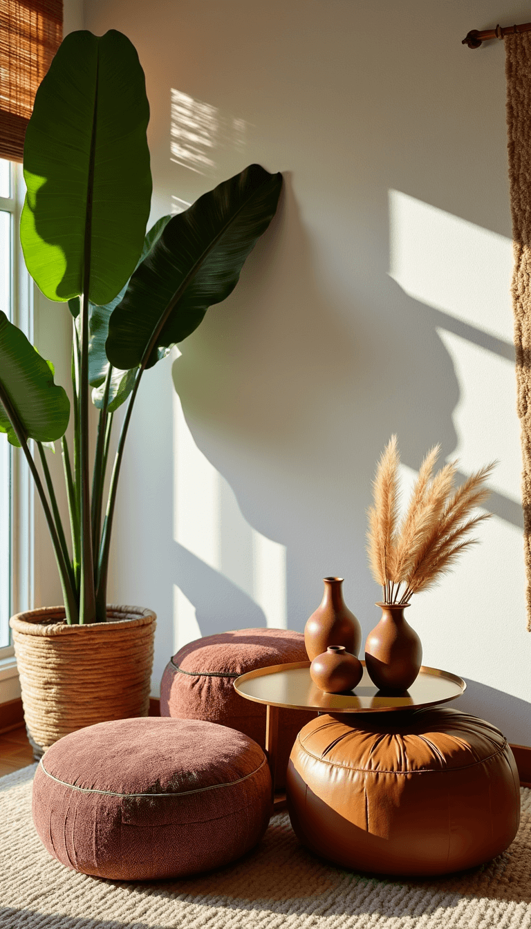 Boho sunroom featuring Monstera deliciosa plant, vintage Moroccan poufs, brass coffee table and ceramic vessels, with morning light creating shadows through bamboo blinds.