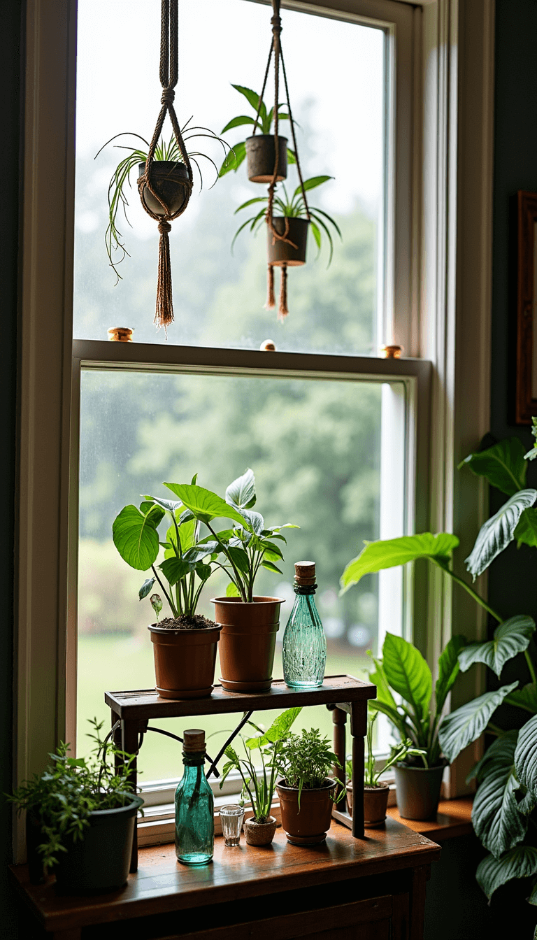 Vintage plant propagation display in morning light featuring macramé hangers, prism crystals, and a mirror