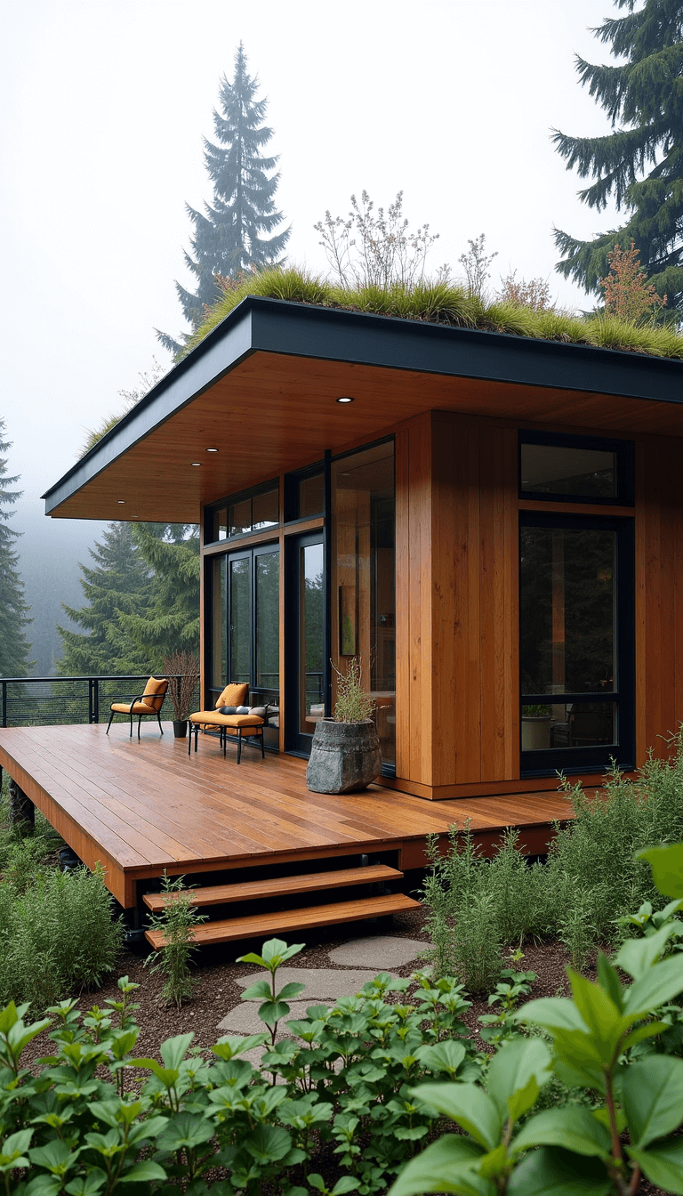 Mid-morning view of Pacific Northwest-inspired cabin featuring clear cedar and dark zinc panels, a living roof with native sedums, a wraparound deck with built-in benches, and floor-to-ceiling corner windows, photographed from an elevated position under soft northern light.