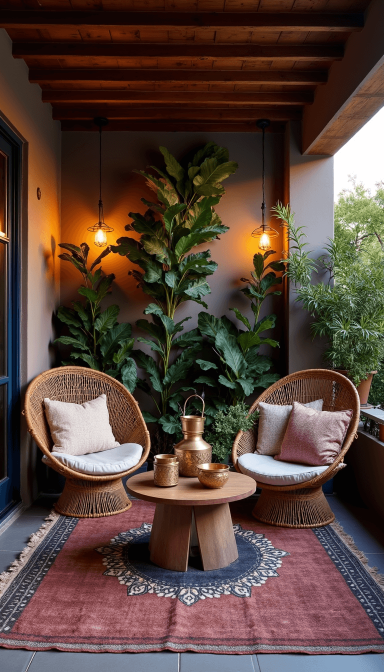 Bohemian lounge vignette on a covered patio with wooden beams, rattan peacock chairs, reclaimed wood coffee table, vintage Moroccan rugs and abundantly textured pillows, illuminated by hanging brass lanterns in a warm, moody ambiance.