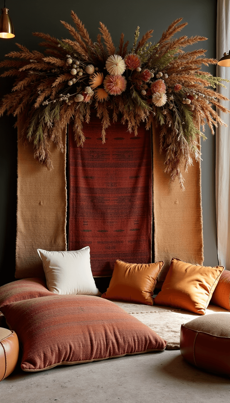 Vintage rug backdrop with asymmetrical floral installations, Moroccan pouf seating, and brass floor lamps in a lounge set with earthy tones and metallic accents.