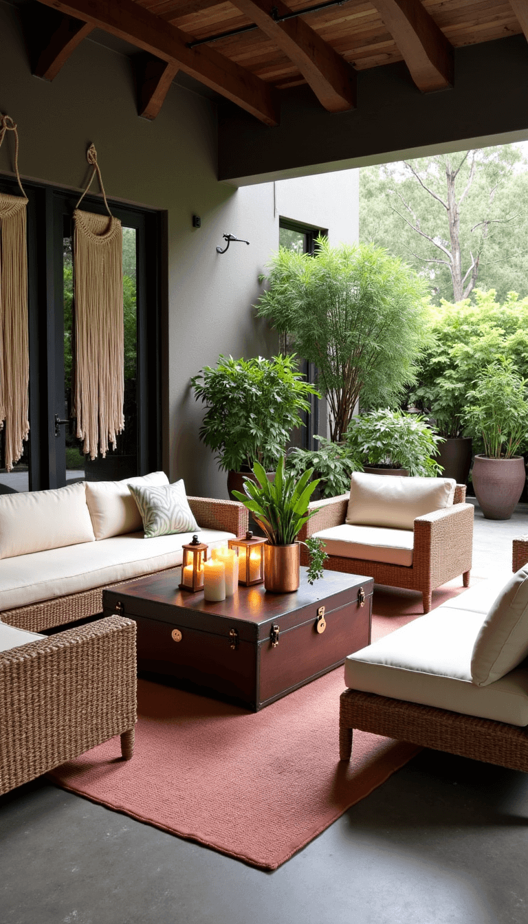 Elevated view of a 20x30ft indoor-outdoor covered patio with polished concrete floors, low-profile rattan furniture with cream cushions around vintage trunk coffee tables, potted ferns in macramé plant hangers, and oversized copper lanterns with pillar candles on layered vintage rugs defining seating areas. Natural and warm artificial light blend to highlight neutral, rust, and sage color accents.