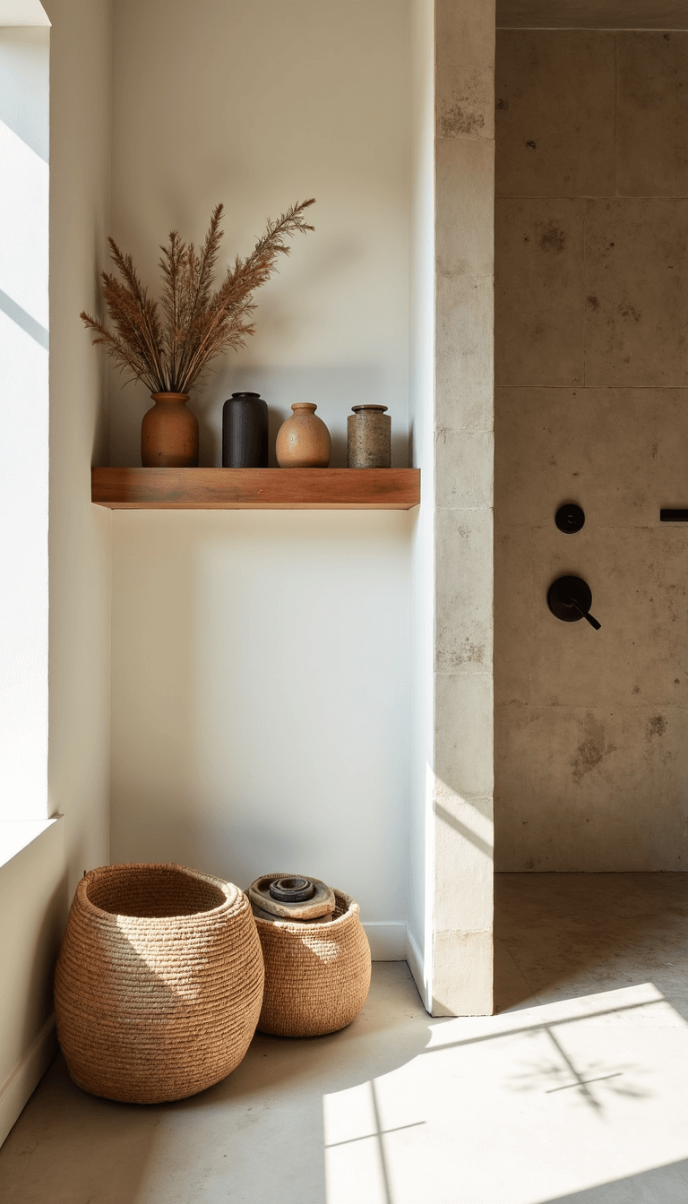 Serene master bathroom with limewashed ivory walls, wooden shelf with clay vessels, natural stone-tiled shower, and grass baskets on concrete floor in high-angle daylight shot.