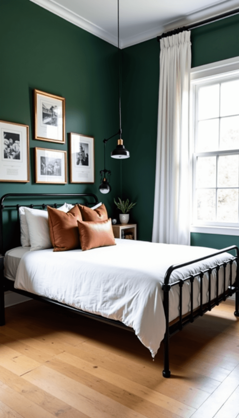 Modern 12x14ft bedroom with hunter green walls; minimalist black metal bed with white bedding and camel leather pillows; black and brass pendant lights; gallery wall with black and white photos in brass frames; white oak floors reflecting soft afternoon light.