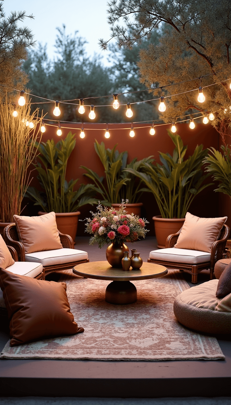 Elevated view of an intimate outdoor lounge area at dusk, featuring low-set rattan furniture on a weathered wooden platform draped with Moroccan rugs, brass vessels, garden roses and Edison bulb canopy with potted olive trees and pampas grass framing the scene.