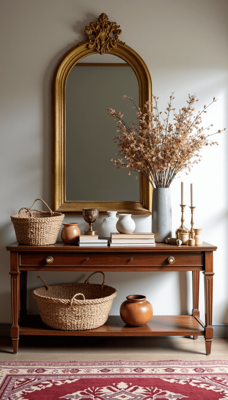 Vintage console with dried flower installation, earth-toned ceramic vessels and woven baskets containing cards and gifts stand against a texture plaster wall, reflected in a large gilded mirror. The scene is anchored by a Moroccan rug and illuminated by natural afternoon light.