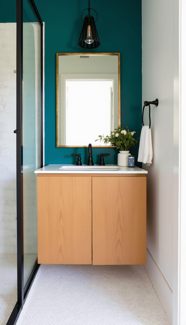Compact guest bathroom with teal accent wall, brass-framed mirror, floating birch vanity, white hexagon floor tiles, glass shower enclosure, and vintage sconce.