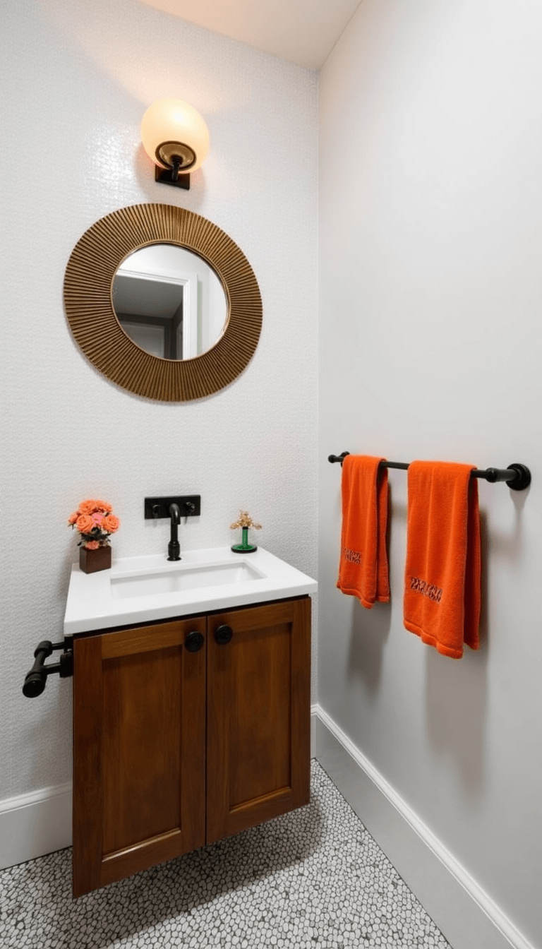 Overhead view of a cozy 7x9ft powder room with a statement sunburst mirror, wall-mounted walnut vanity, terrazzo flooring, and burnt orange hand towels.