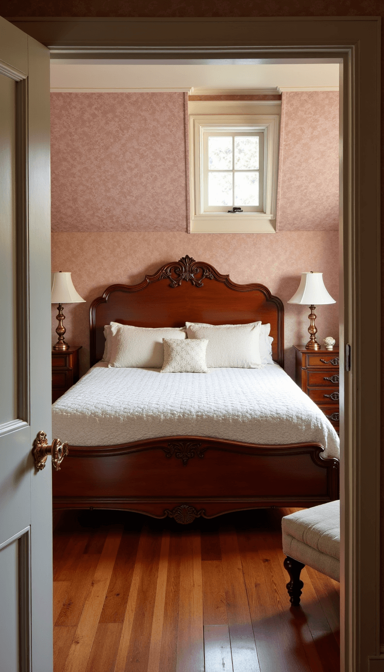 Cozy 12x14ft cottage bedroom with blush pink floral wallpaper, antique wooden furniture, and quilted bed lit by golden afternoon light through dormer windows, accentuating metallic accents and crystal doorknobs.