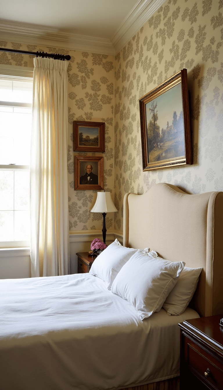 Traditional 15x18ft bedroom with wainscoting and crown molding, cream toile wallpaper, vintage oil paintings in gilded frames, and a linen upholstered headboard, beautifully lit by soft morning light.