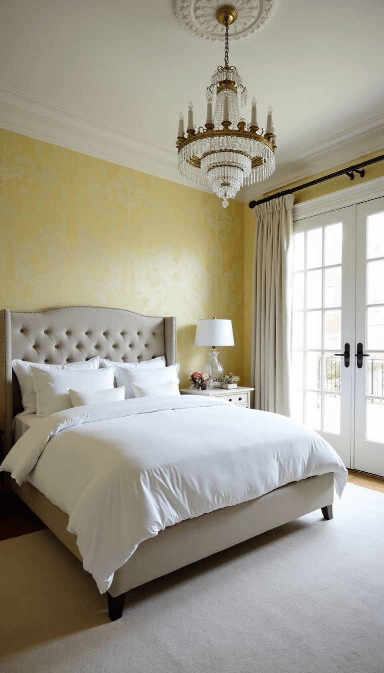 Spacious main bedroom with French doors, pale yellow damask wallpaper, king bed with tufted linen headboard, under a crystal chandelier, illuminated by mid-morning and soft artificial light.
