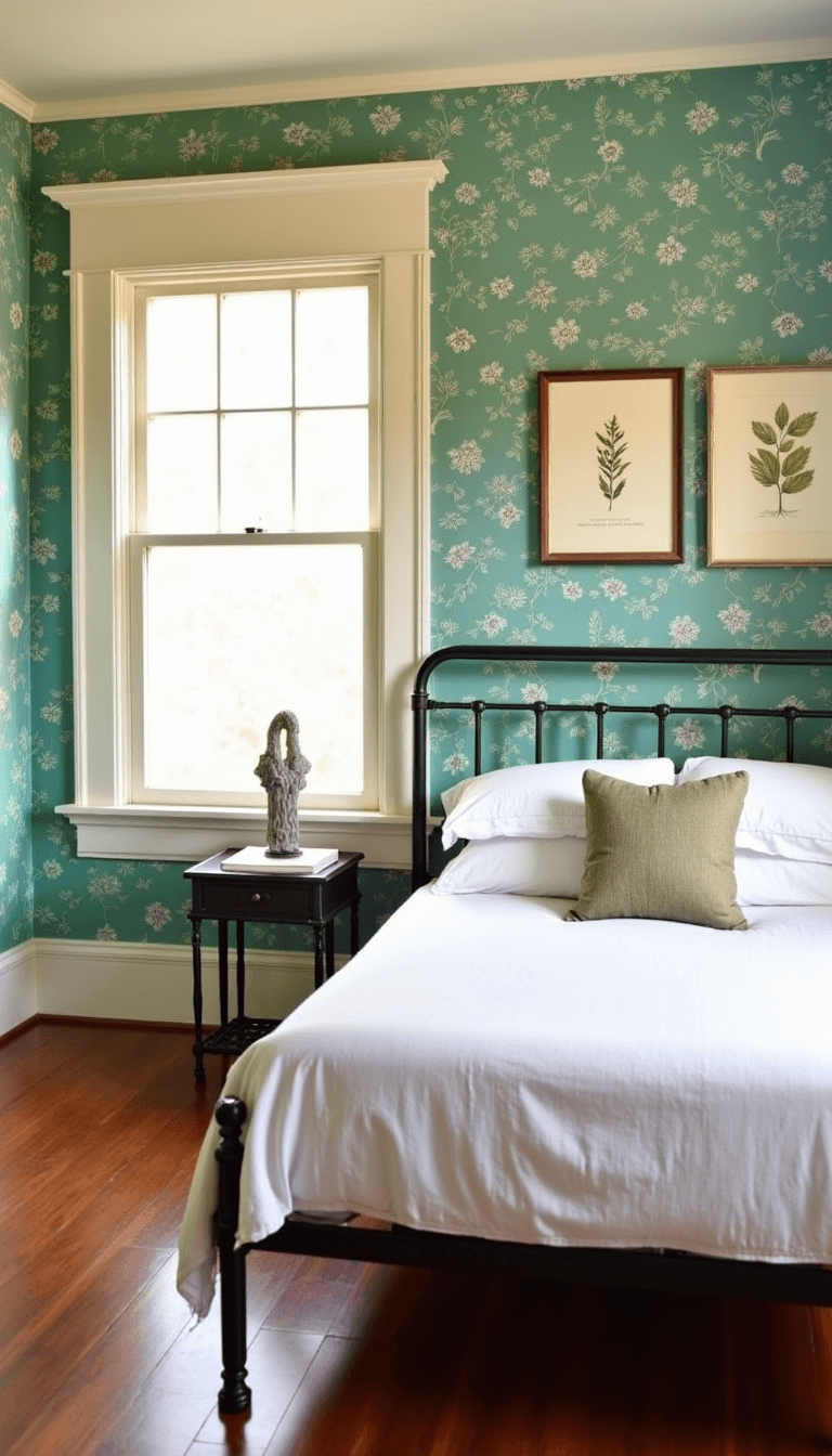 Cosy 13x15ft bedroom with whimsical botanical wallpaper, painted iron bed with white linens, dormer windows, vintage botanical prints in frames, shot during a golden hour late afternoon for a warm atmosphere.