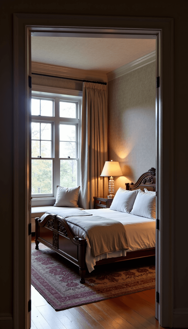 Romantic 15x18ft bedroom with window seats, warm grey grasscloth wallpaper, carved wooden bed with vintage linens, and crystal lamps casting a gentle glow in the dusk light.