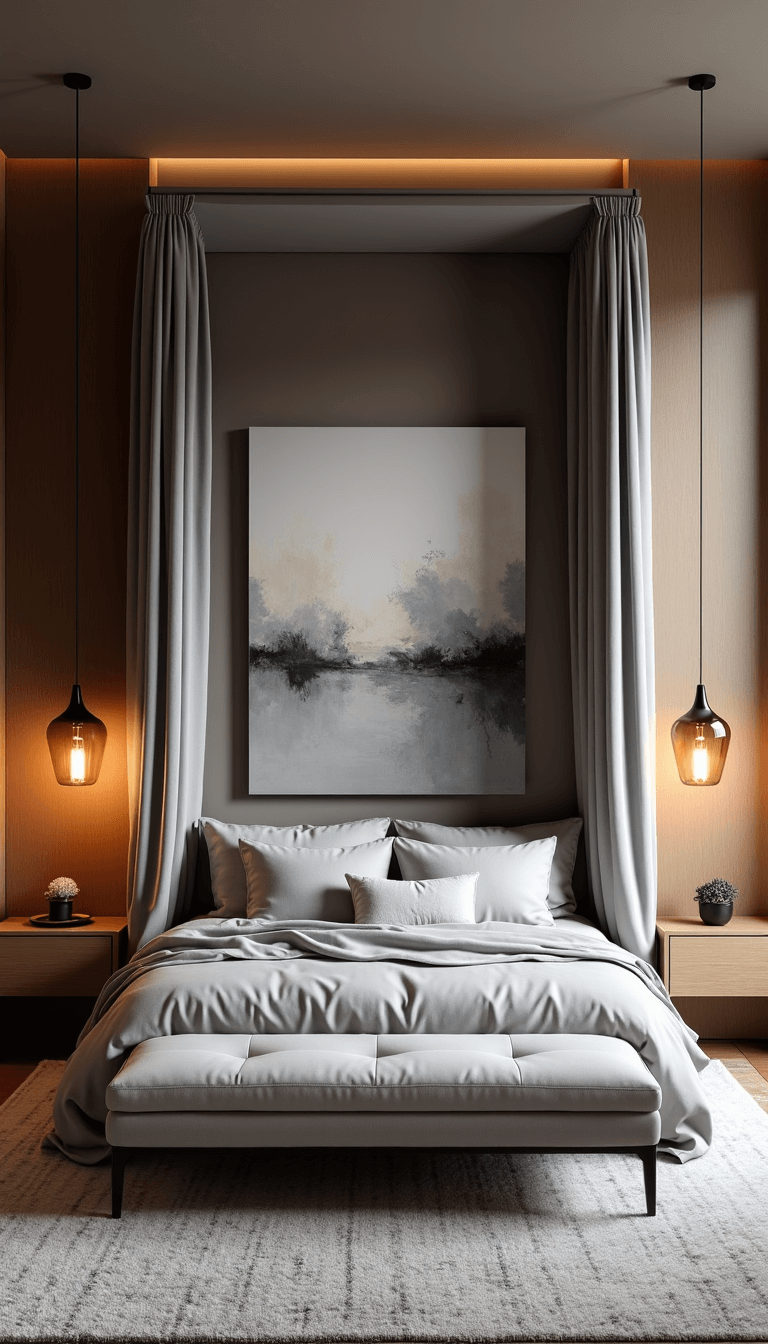 Luxurious 16x20ft master bedroom with canopy bed, smoky pendant lights, abstract grey and cream painting, layered rugs, and high ceiling, photographed in golden hour lighting with a wide-angle lens.