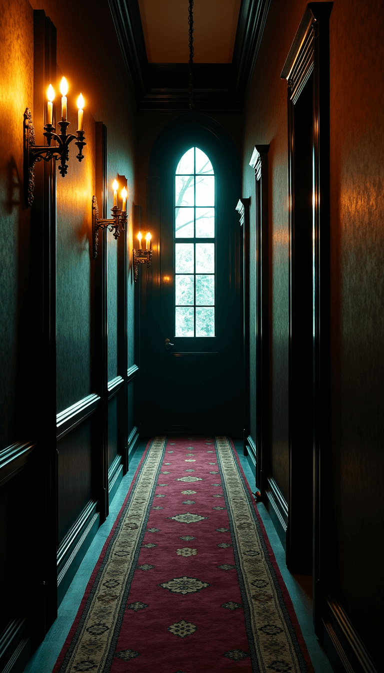 Victorian hallway in a manor with flickering candlelight casting shadows on damask wallpaper, moonlight patterns on a Persian runner from gothic windows, heavy wooden doors, rich jewel tones, ornate picture frames and baroque details, capturing a sense of mystery and depth.