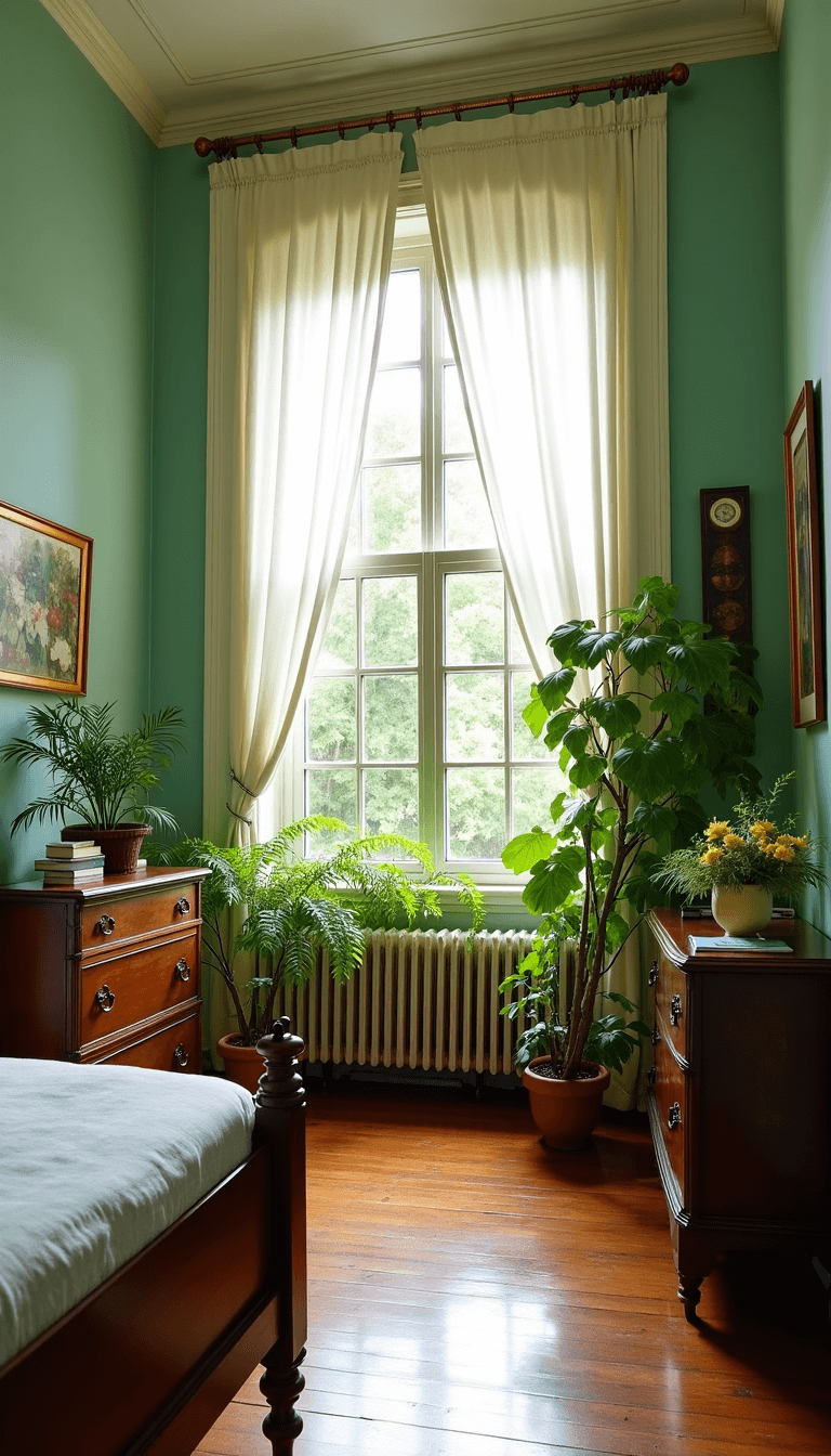 Victorian bedroom transforming from a sickroom to a vibrant living space with large windows, light fabrics, plants replacing medical equipment, wooden furniture with green accents, and a color palette shifting from white to green and soft yellow.