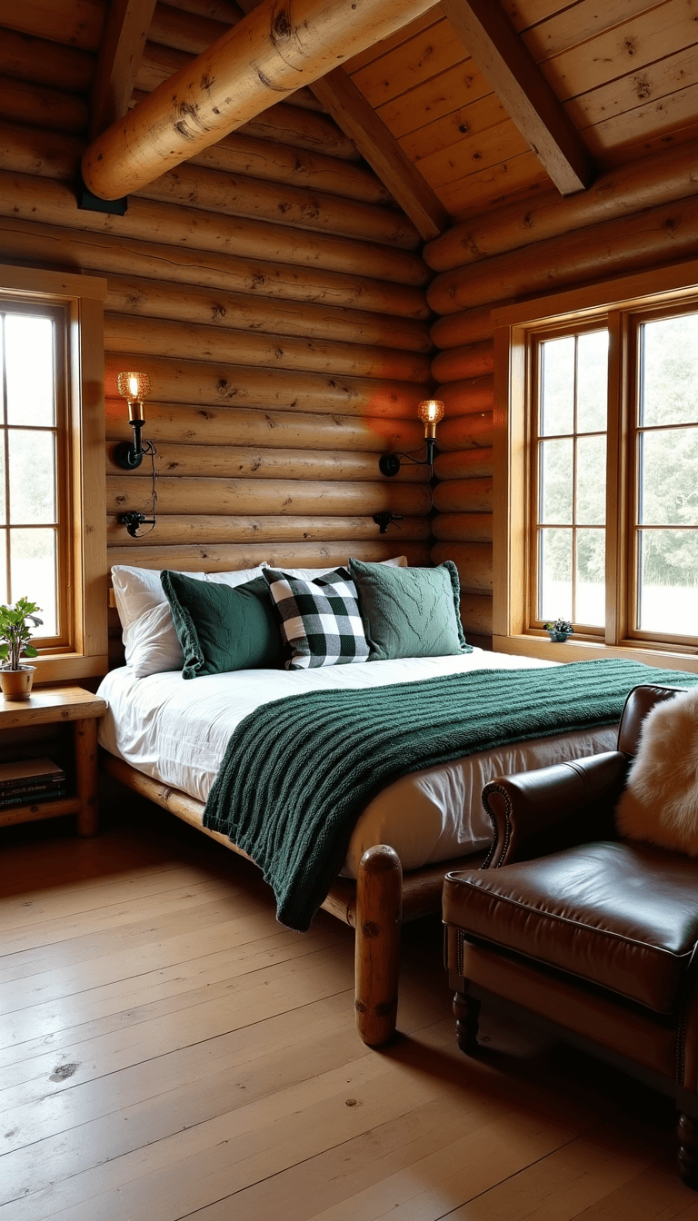 Rustic cabin bedroom with king-size log bed, cream linen, green knit throws and buffalo check pillows, vintage copper sconces, and a leather armchair, bathed in golden hour light.
