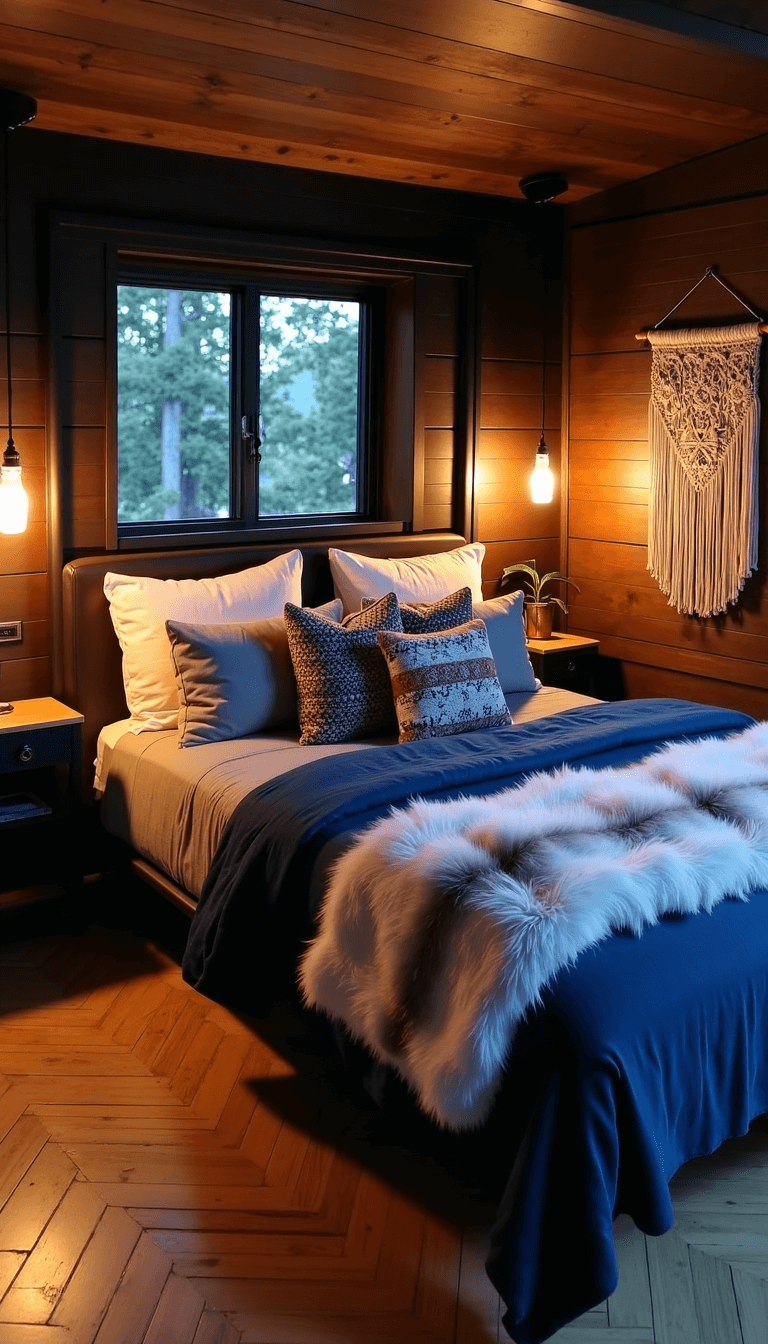 Aerial view of a cozy 12x15ft cabin bedroom with dark wooden walls, light oak herringbone floor, and platform bed with indigo linen and faux fur throws at dusk, accentuated by warm lighting from mason jar pendant lights and reflected in an oversized metal-framed mirror.