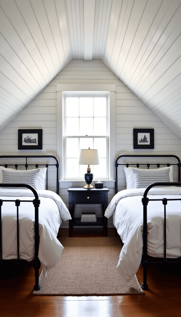 Elevated shot of a cozy 10x12ft bedroom with a dormer window nook illuminated by afternoon light, featuring twin iron-framed beds dressed in white linens and navy stripe duvets, walls adorned with vintage ski lodge prints, and a wool rug in neutral tones, all against the backdrop of a dramatically sloped, white wooden ceiling.