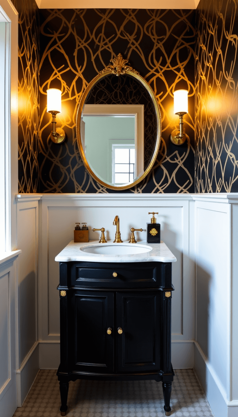 Art deco-inspired 7x8ft bathroom with black and gold geometric wallpaper, white wainscoting, vintage vanity with marble top, antique brass mirror and sconces, highlighted by warm artificial light.