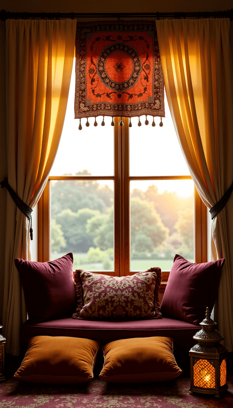 Cozy reading nook with sunset light streaming through muslin curtains topped with vintage suzani fabric, displayed on a carved wooden rod with prayer beads and bells. The floor adorned with burgundy and ochre velvet cushions beneath a 6ft window alcove, while brass lanterns cast patterned light in a natural golden hour setting.