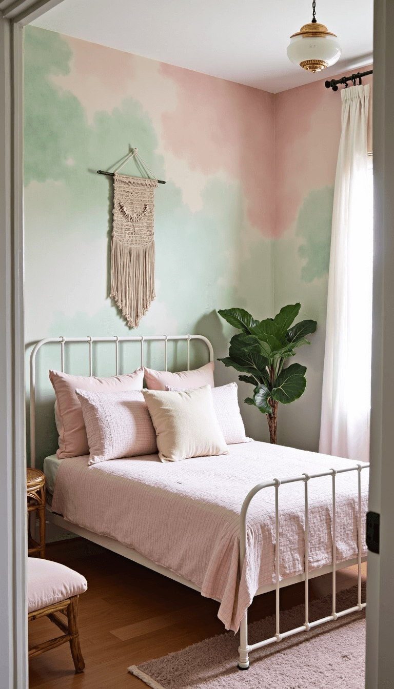 Cozy, naturally lit 12x12ft guest bedroom with full-size bed, vintage floor lamp, rattan chair, and macramé wall hanging, adorned in soft pink and sage green watercolor-effect wallpaper.