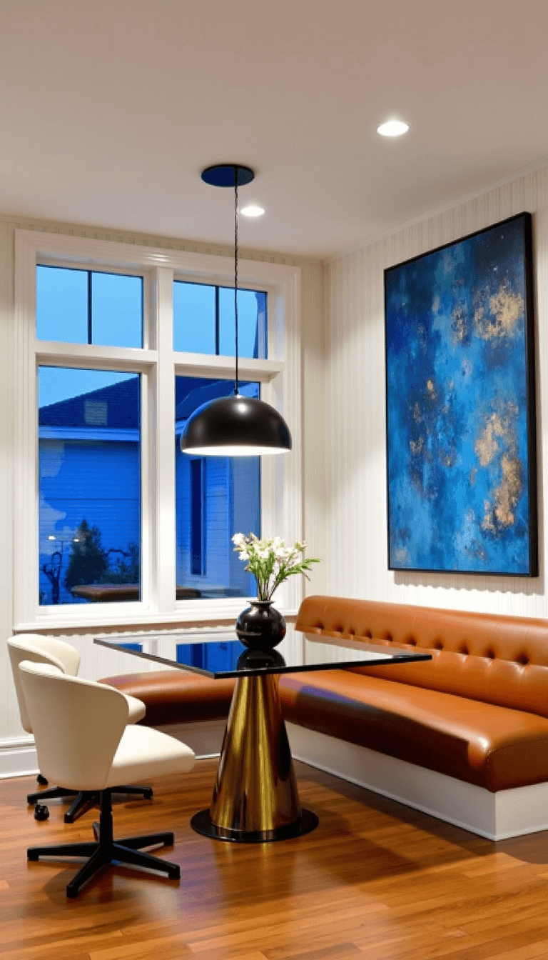 Modern breakfast nook with cognac leather banquette, brass table, cream swivel chairs, large abstract art, fluted wall paneling, Brazilian hardwood floors, and black pendant light, illuminated in blue hour.
