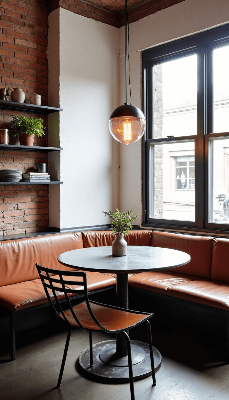 Overhead view of an industrial chic breakfast nook with reclaimed wood and steel banquette, white brick walls, factory-style furnishings and vintage pottery on metal and glass shelves, lit by a chandelier and natural light through factory windows.