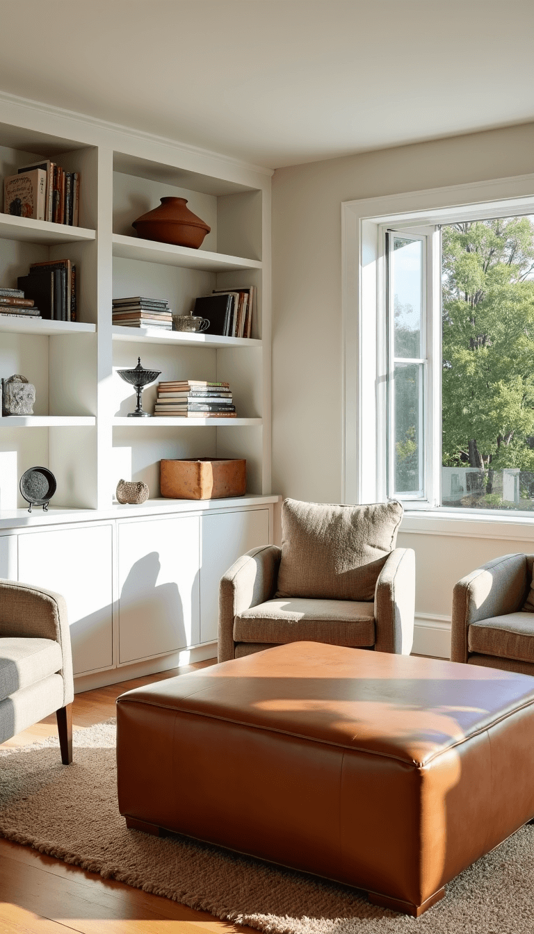 Bright, airy California-styled living room featuring camel leather ottoman coffee table, oatmeal bouclé armchairs, matte white built-in shelving with curated objects, and textured jute rug over bleached hardwood floor, photographed with mid-afternoon lighting.