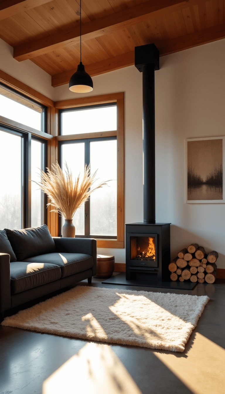 Open-concept cabin living room with golden hour light, a charcoal linen sofa, raw concrete floors with a cream rug, a black pendant light, a stack of logs beside a black steel fireplace, and minimal decor including dried pampas grass and an oversized muted-tone abstract canvas