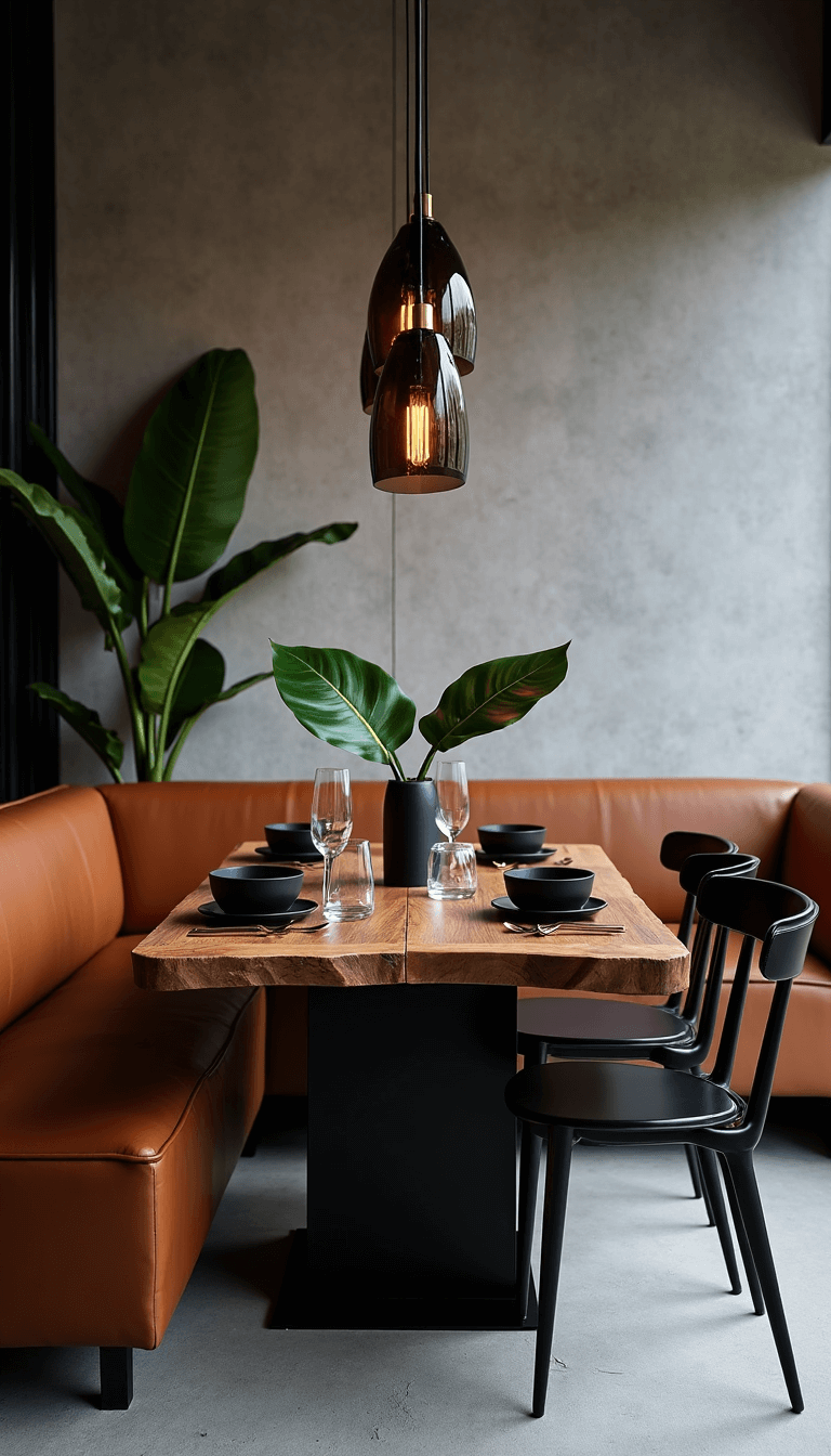 Overhead view of a compact dining room with live-edge walnut table, black metal chairs, camel leather banquette, smoked glass pendant lights, and minimalist table setting at dusk.
