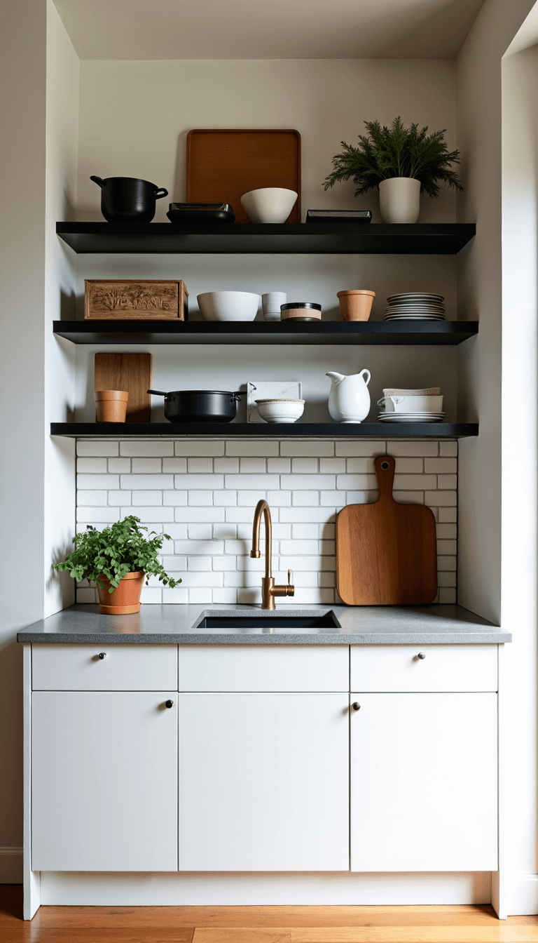 Modern kitchenette with white oak cabinets, black metal shelves, concrete countertops, brass faucet, vintage cutting boards, and herb garden in terracotta pots in soft afternoon light