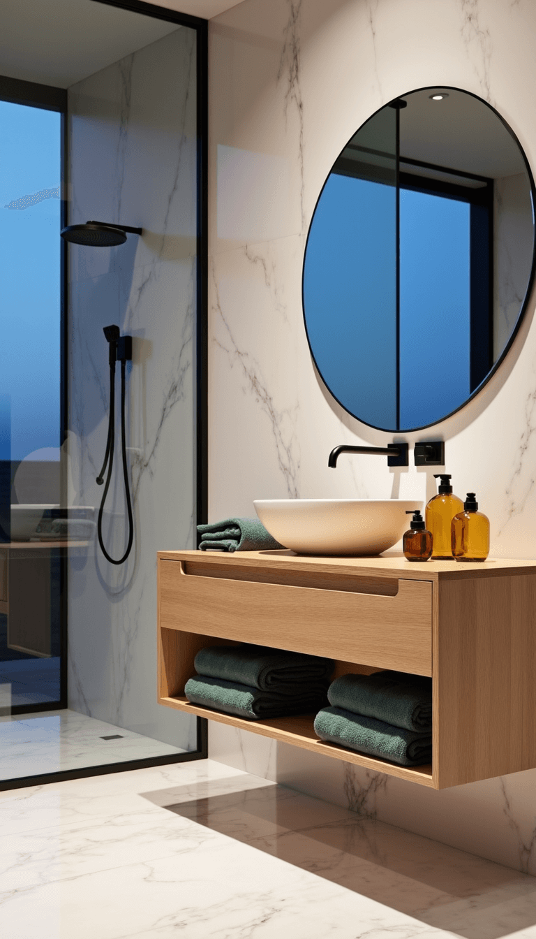 Minimalistic bathroom with bleached oak floating vanity, round mirror, marble-look porcelain tiles, glass shower partition, sage green Turkish towels and amber glass accessories shot during blue hour