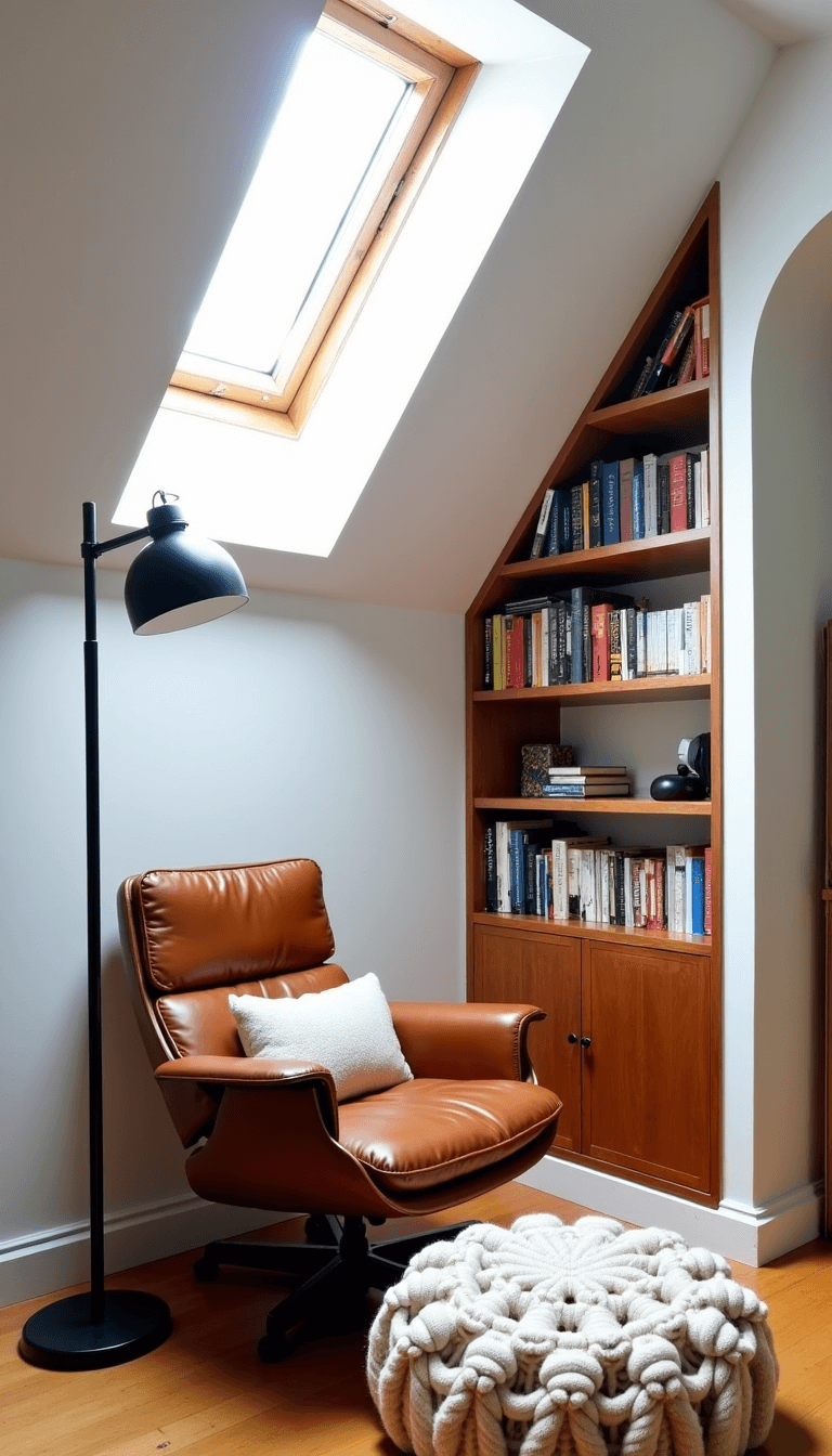 Cozy reading corner with mid-century armchair, cream wool pouf, a built-in bookshelf, and black floor lamp under skylight
