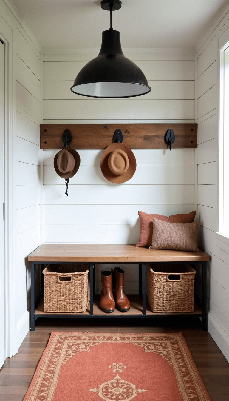 Sunrise in an entryway mudroom with custom storage bench, pendant light, shiplap walls, vintage runner, woven baskets and sun hats on matte black hooks