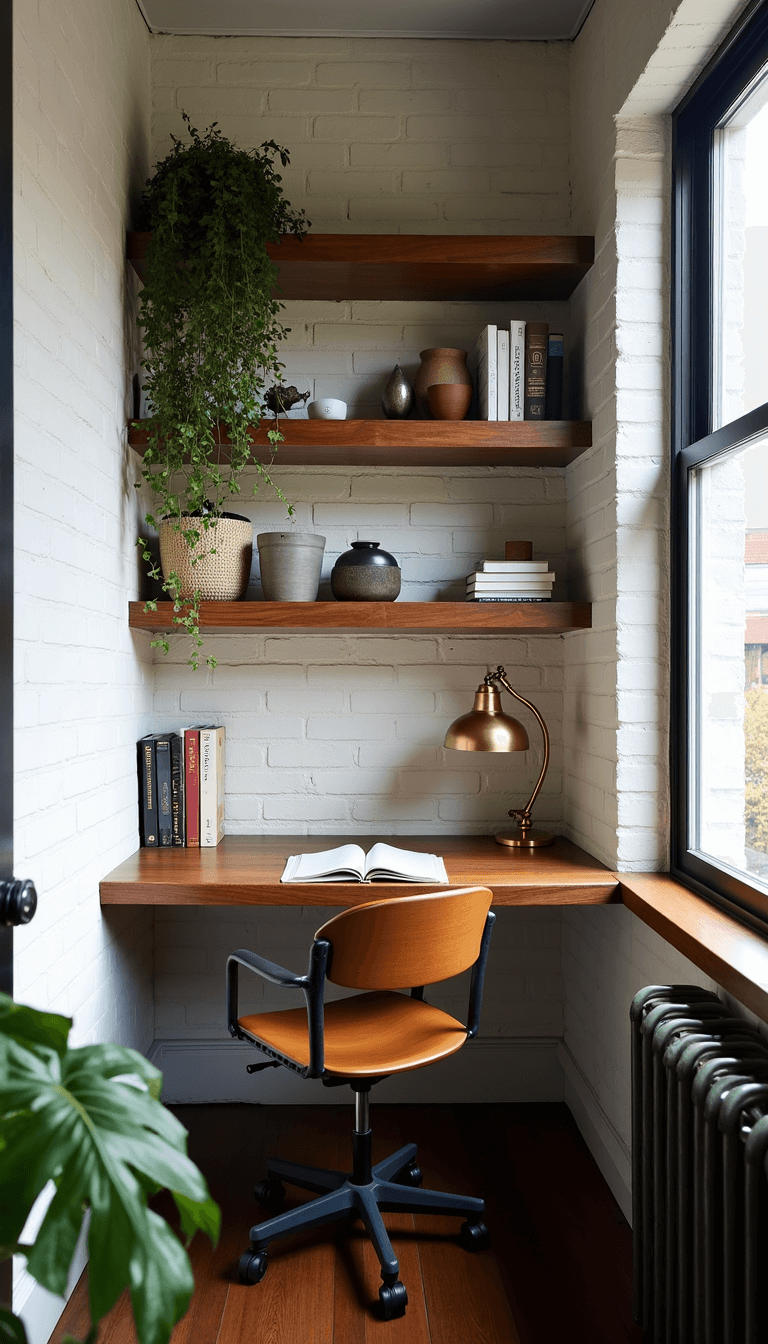 Loft office nook with blackened oak floating desk, vintage schoolhouse chair, open shelving with ceramics and art books, trailing plants, and brushed brass task lamp in late afternoon light