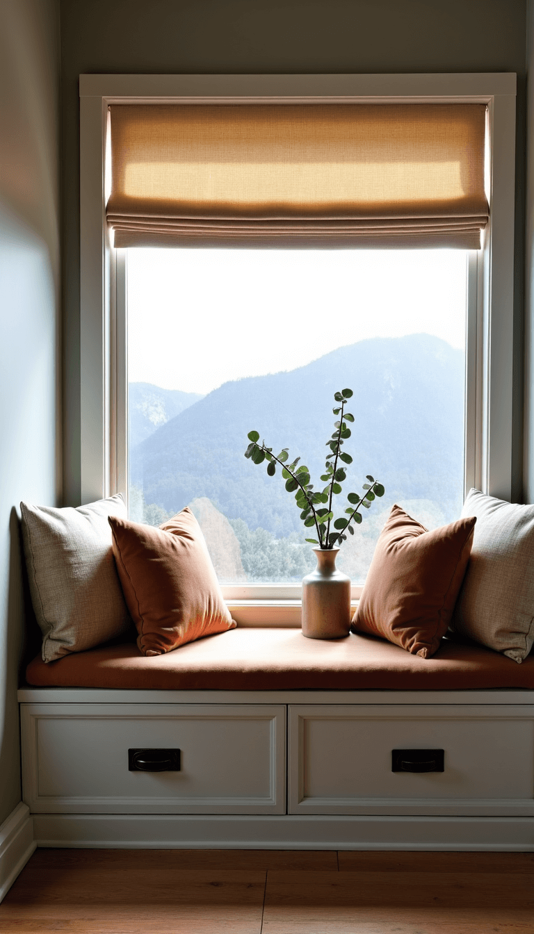 Cozy window seat featuring mountain views, custom velvet cushions, textured pillows, built-in gray drawers, a minimal roman shade, and a eucalyptus branch in a ceramic vase