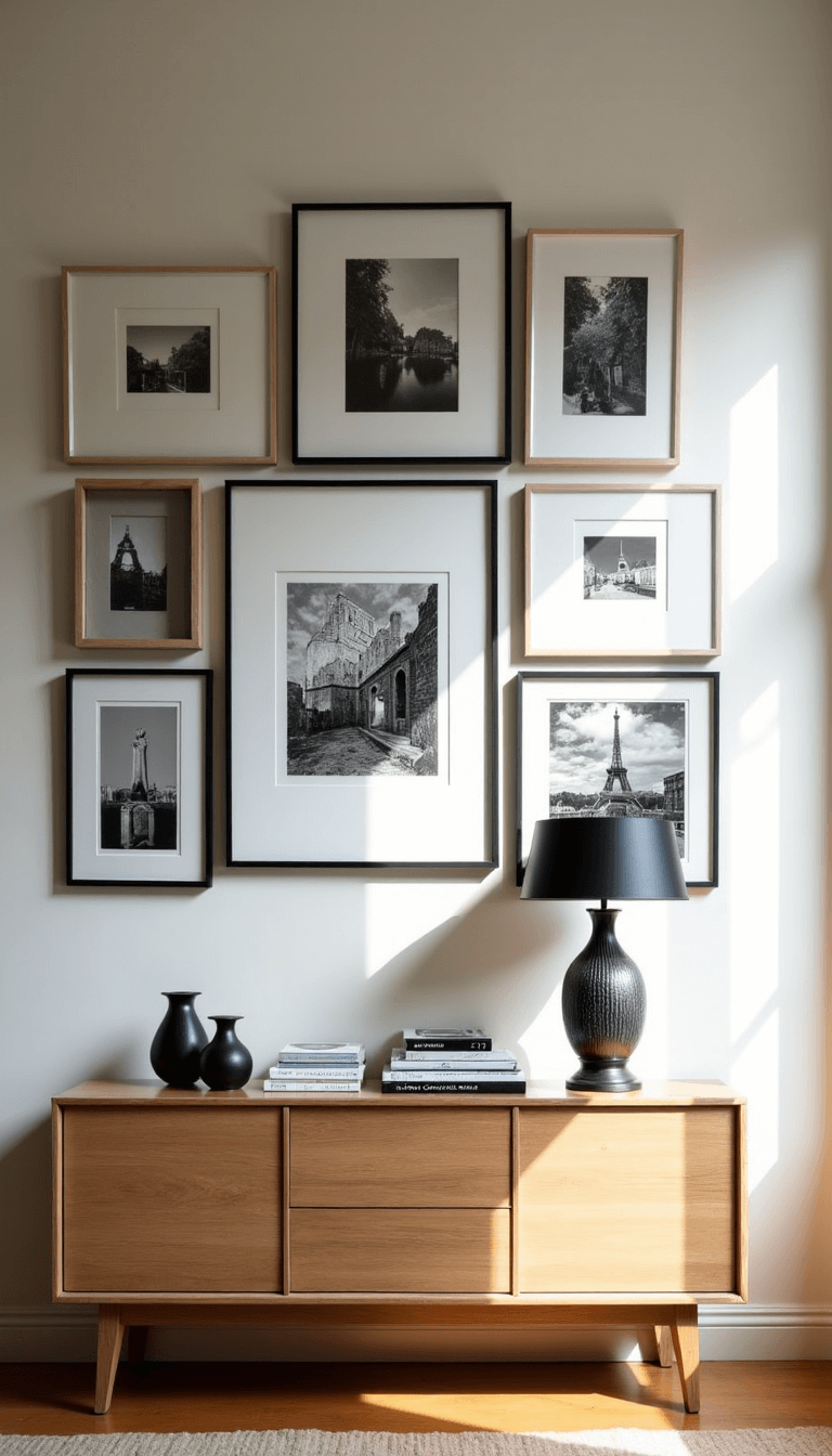 Gallery wall with black and white framed photos, vintage oak console, decorative ceramic vessels and art books, and sculptural table lamp casting shadows in afternoon sunlight.
