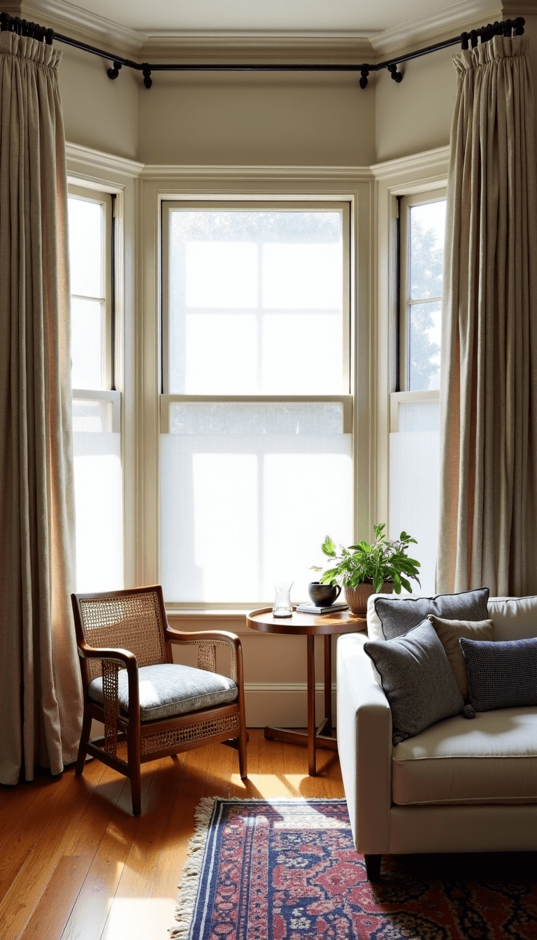 Bright and airy 16x20ft living room with triple-layer window treatments, eclectic mix of vintage and modern furniture, and mid-morning light streaming through bay window.