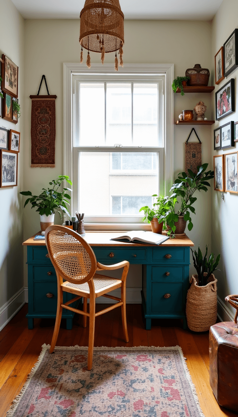 Bright, bohemian home office with antique teal desk, rattan peacock chair, hanging plants, a gallery wall with framed textiles and artwork, and carved wooden shelves adorned with global artifacts and books, filled with midday sunlight.