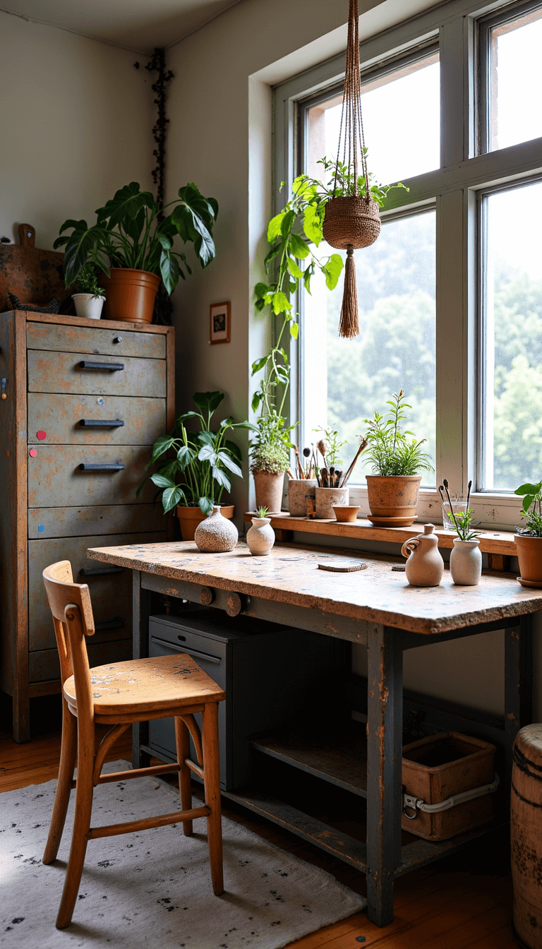 Bright, naturally lit boho artist's studio featuring a paint-splattered workbench with ceramic vessels for brushes, vintage filing cabinet for art storage, inspirational textiles, and plants in macramé hangers.