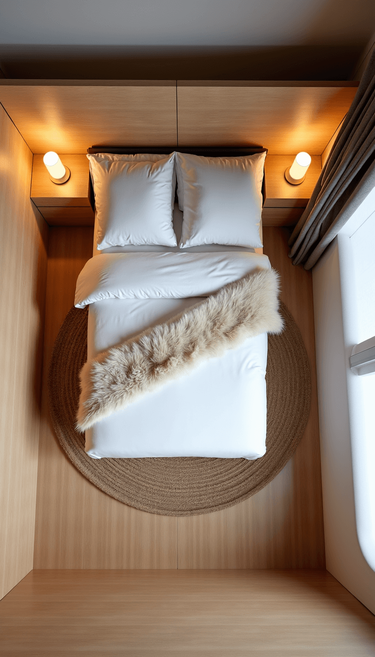 Bird's eye view of a 10x11ft bedroom, featuring a queen size bed with white linens and an oat-colored mohair throw, wall-mounted sconces, and a circular jute rug, shot in cool morning light at f/4.