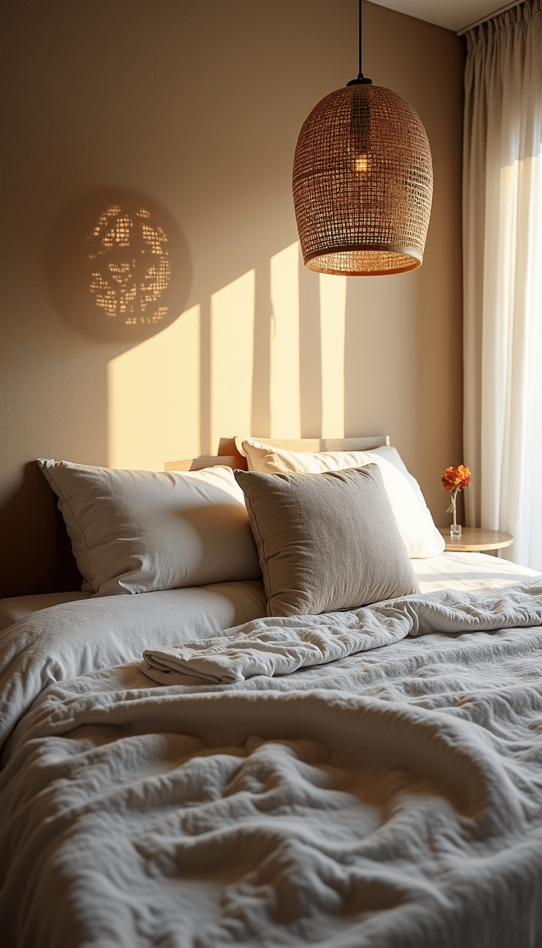 Cozy bedroom with linen bedding, velvet pillows, wool throw, and rattan pendant, lit by warm golden hour lighting, showcasing texture layering.