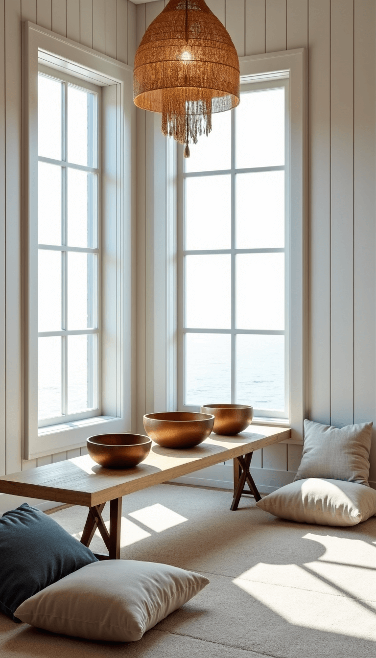 Tranquil coastal themed studio with white panels, soft blue and beige tones, ceramic singing bowls on an oak meditation table, and casual seating of linen floor pillows under a woven pendant light.
