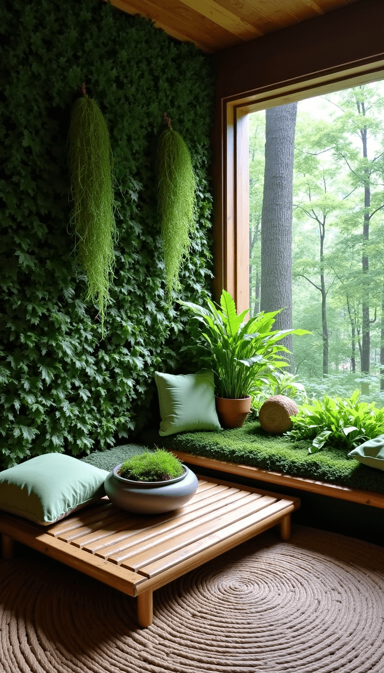Meditative forest haven featuring a bamboos platform bed, hanging vine plants, a moss garden in a stone vessel, and a living wall of ferns bathed in dappled morning light.