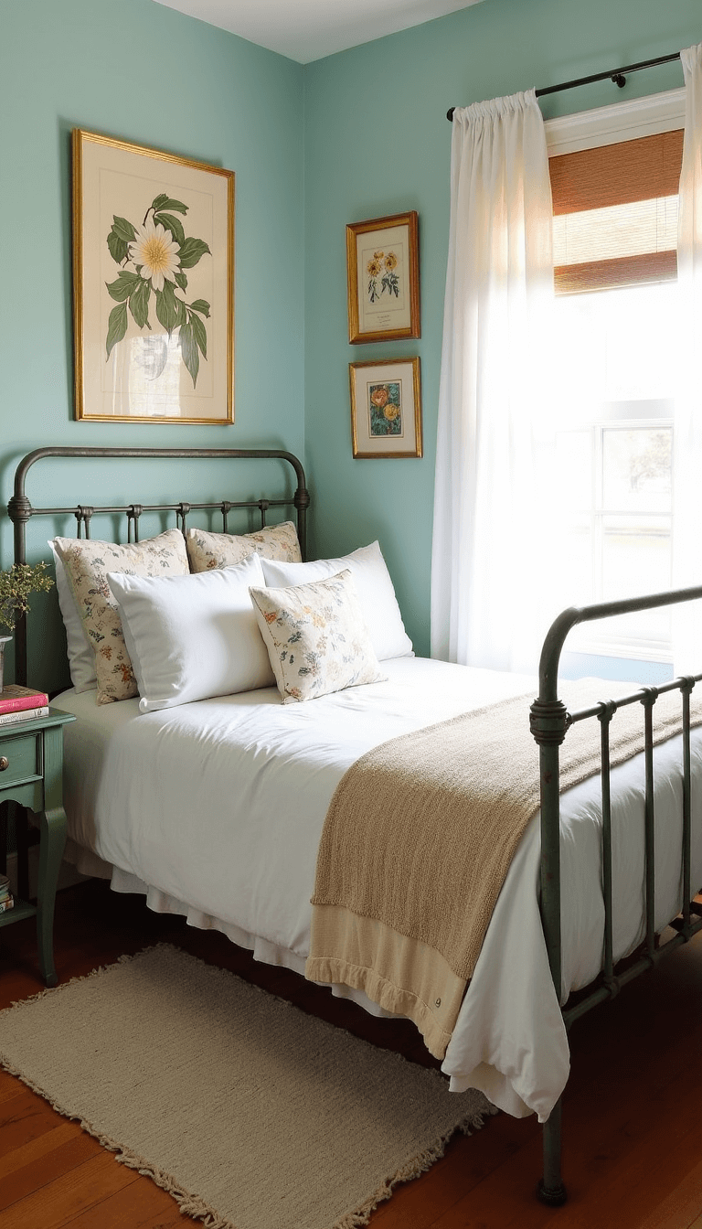 Shabby chic bedroom with duck egg blue painted metal bed, antique sewing table, botanical prints on walls, and morning light flooding in.