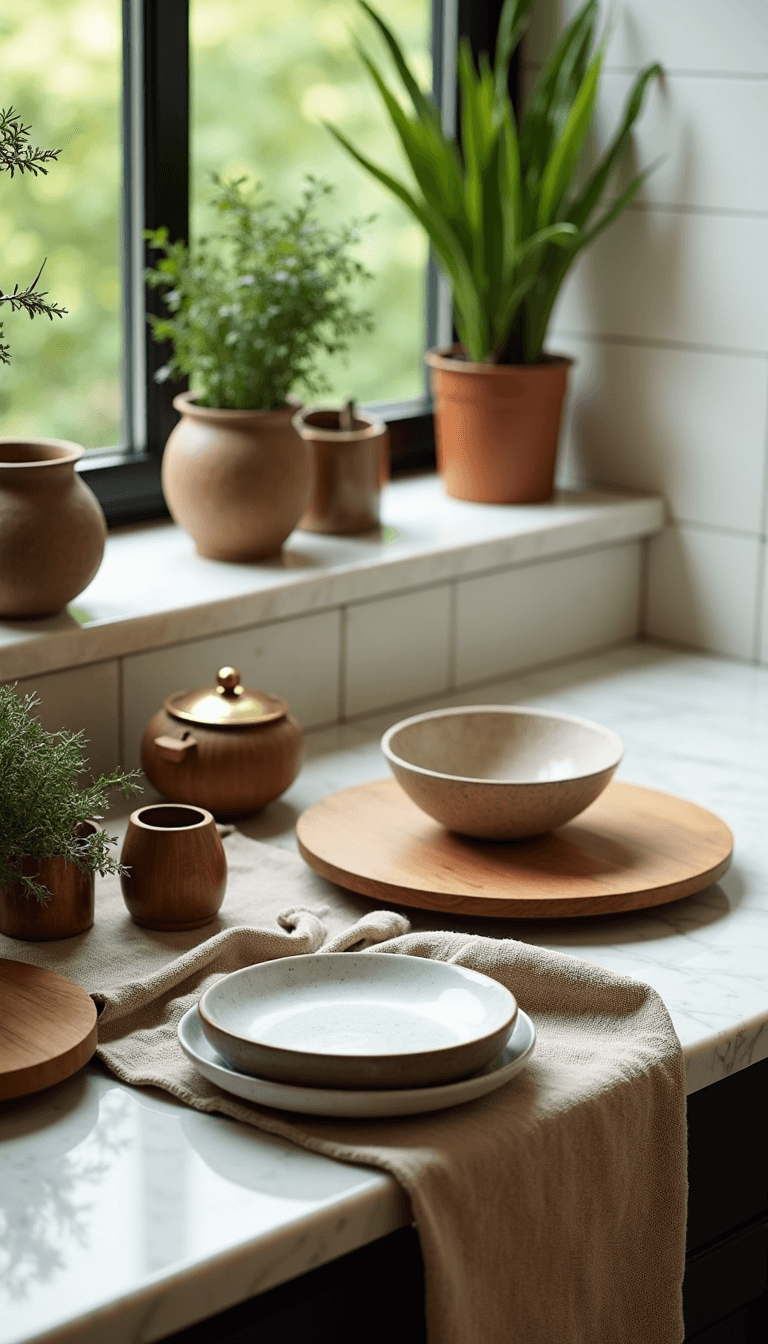 Afternoon sun filtering through window plants onto a 4x6ft counter, styled with a mix of textures including a linen runner, artisanal ceramics, wooden boards, brass objects, honed marble, and textiles. Picture is shot at a slight elevation, showing depth and creating a natural, soft focus background.